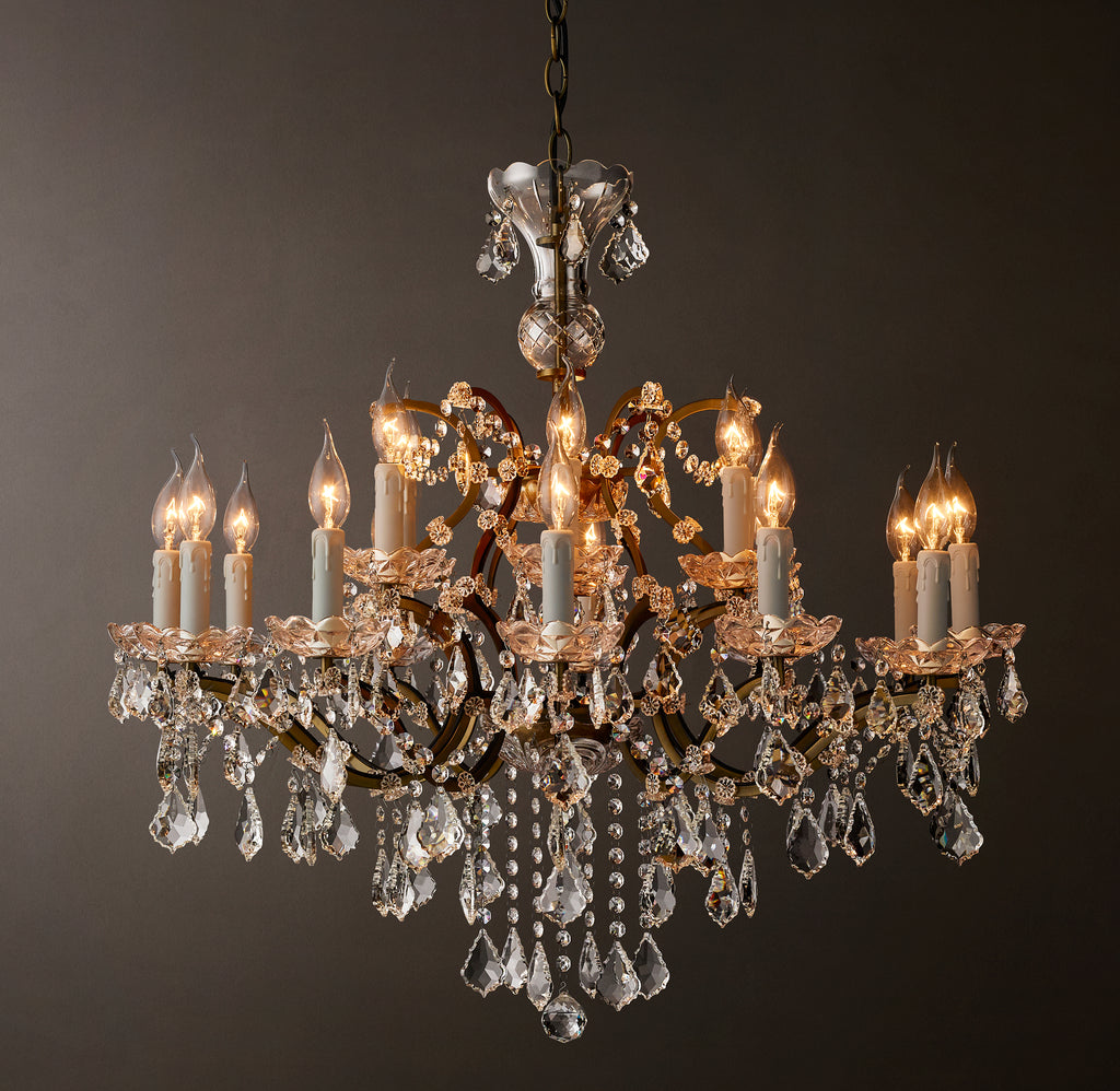 Sculptural 19th C. Rococo Iron & Crystal Round Chandelier – 33" Antiqued Brass/Clear Crystal