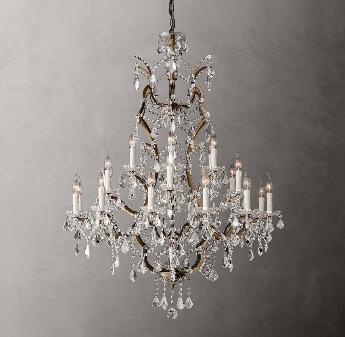 Sculptural 19th C. Rococo Iron & Crystal Round Chandelier – 40" Antiqued Brass/Clear Crystal