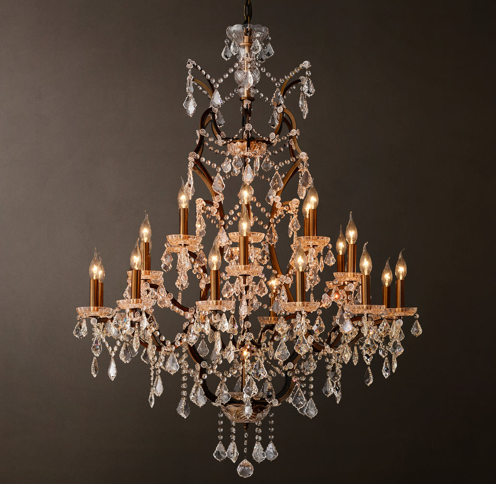 Sculptural 19th C. Rococo Iron & Crystal Round Chandelier – 40" Antiqued Brass/Clear Crystal