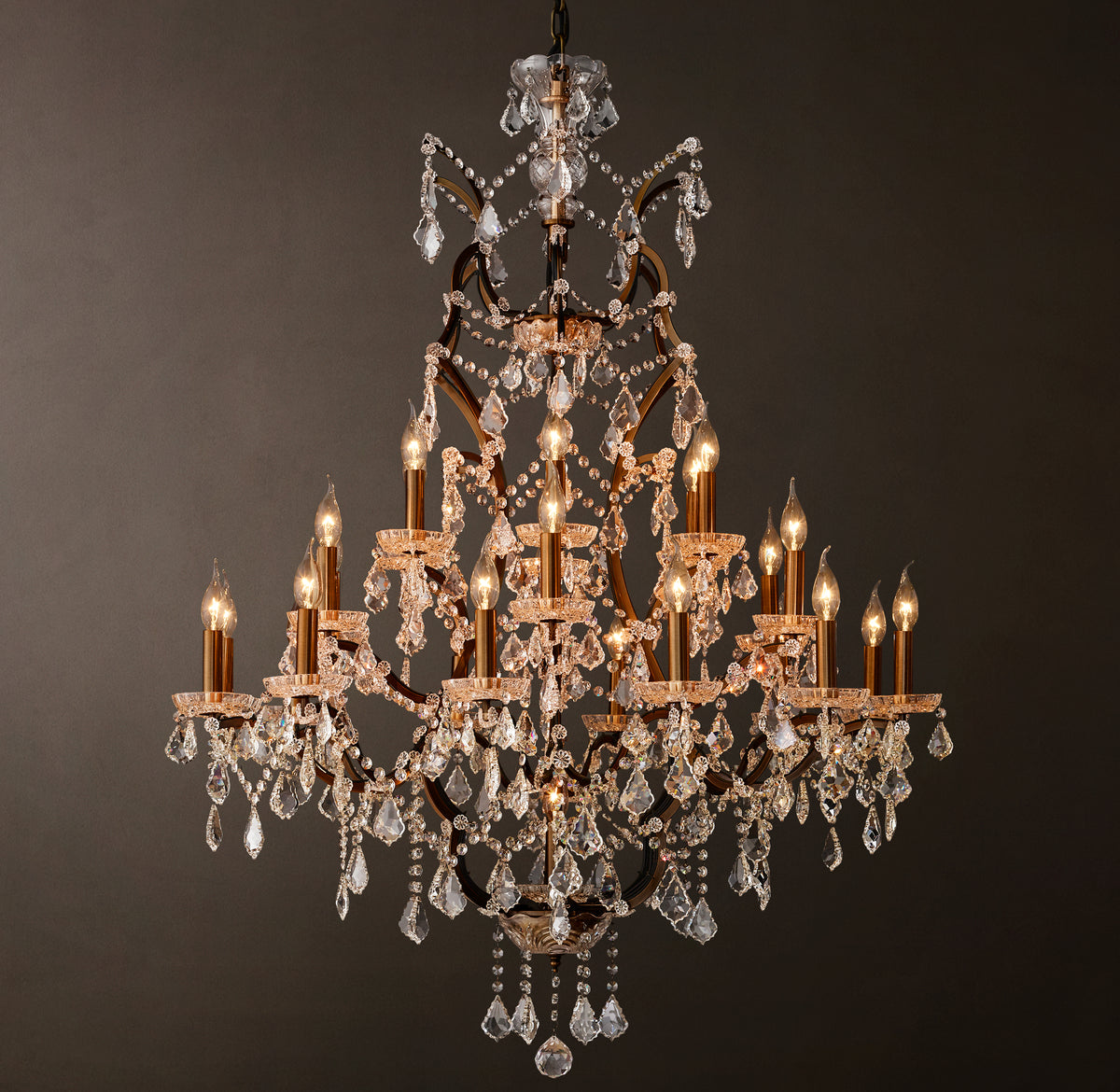 Sculptural 19th C. Rococo Iron & Crystal Round Chandelier – 40" Antiqued Brass/Clear Crystal