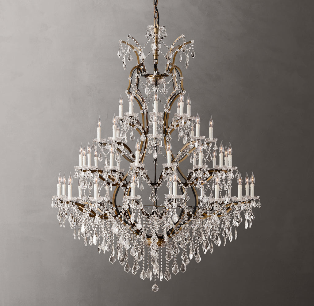 Sculptural 19th C. Rococo Iron & Crystal Round Chandelier – 60" Antiqued Brass/Clear Crystal