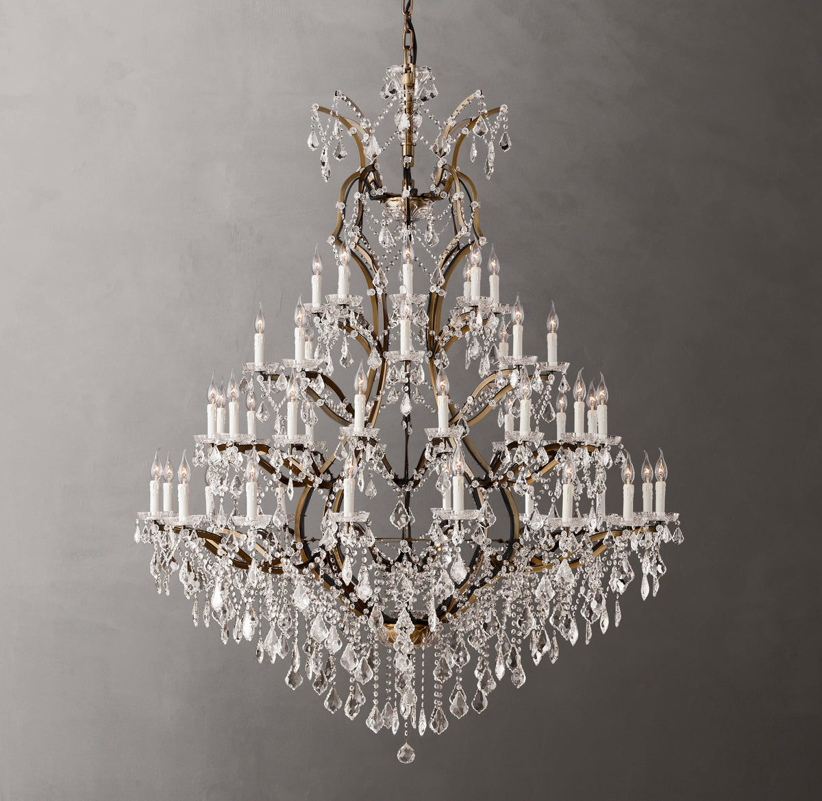 Sculptural 19th C. Rococo Iron & Crystal Round Chandelier – 60" Antiqued Brass/Clear Crystal