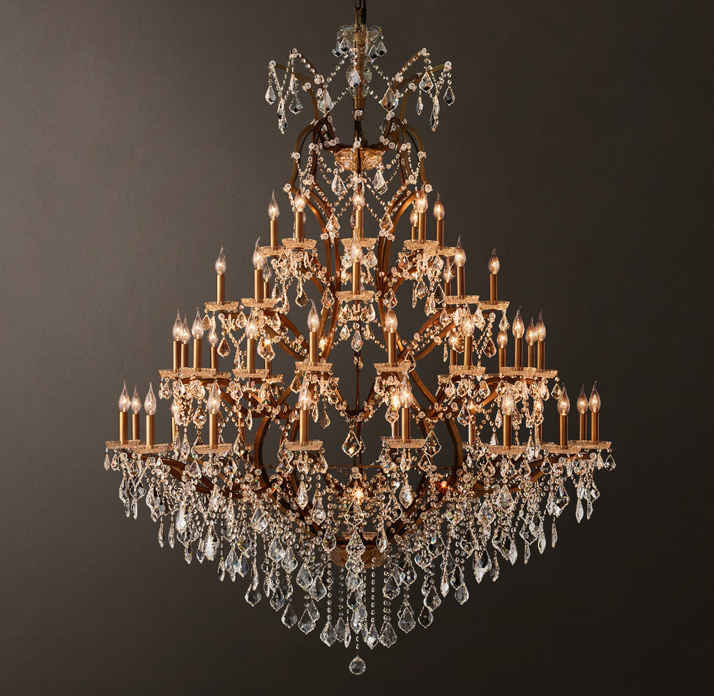 Sculptural 19th C. Rococo Iron & Crystal Round Chandelier – 60" Antiqued Brass/Clear Crystal