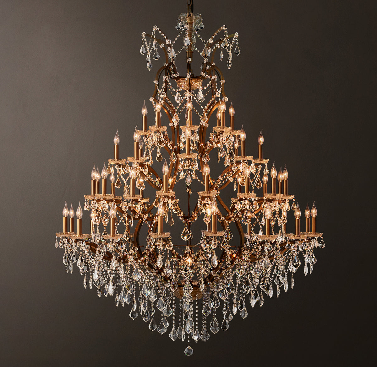 Sculptural 19th C. Rococo Iron & Crystal Round Chandelier – 60" Antiqued Brass/Clear Crystal