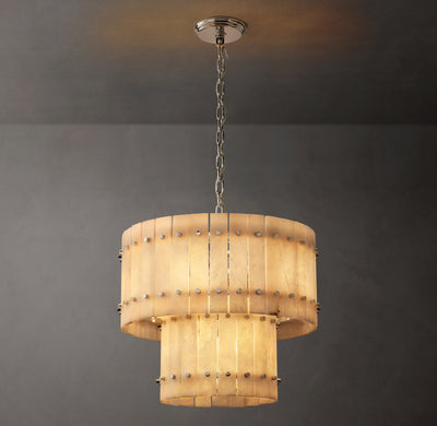 Sculptural San Marco Alabaster Two-Tier Round Chandelier – 22" Polished Nickel