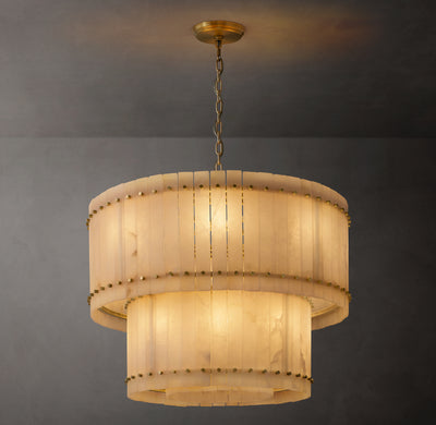 Sculptural San Marco Alabaster Two-Tier Round Chandelier – 37" Antiqued Brass