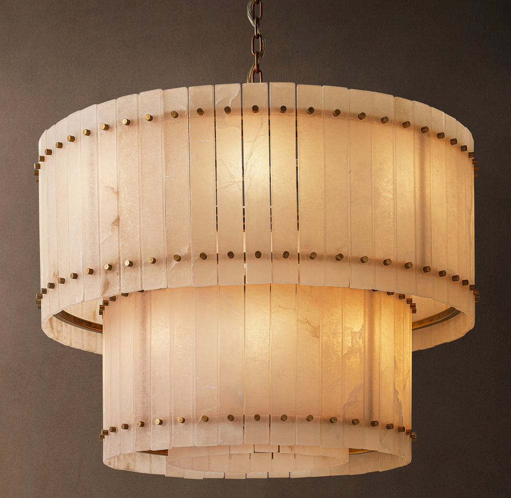 Sculptural San Marco Alabaster Two-Tier Round Chandelier – 37" Antiqued Brass