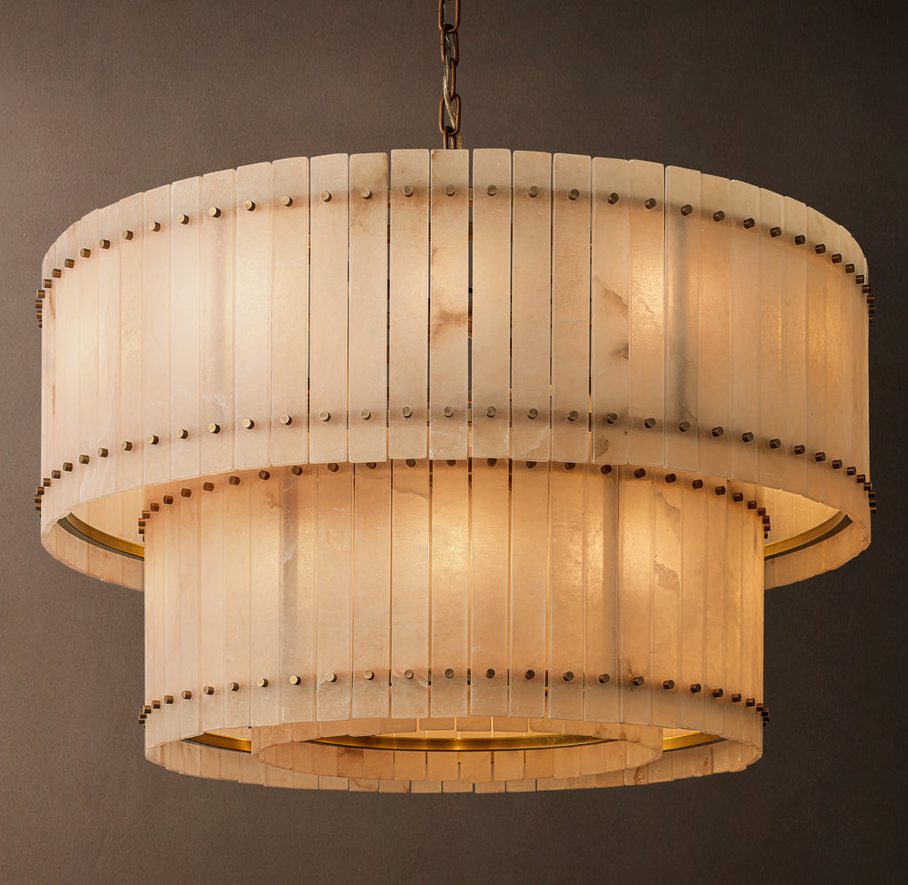 Sculptural San Marco Alabaster Two-Tier Round Chandelier – 48" Antiqued Brass