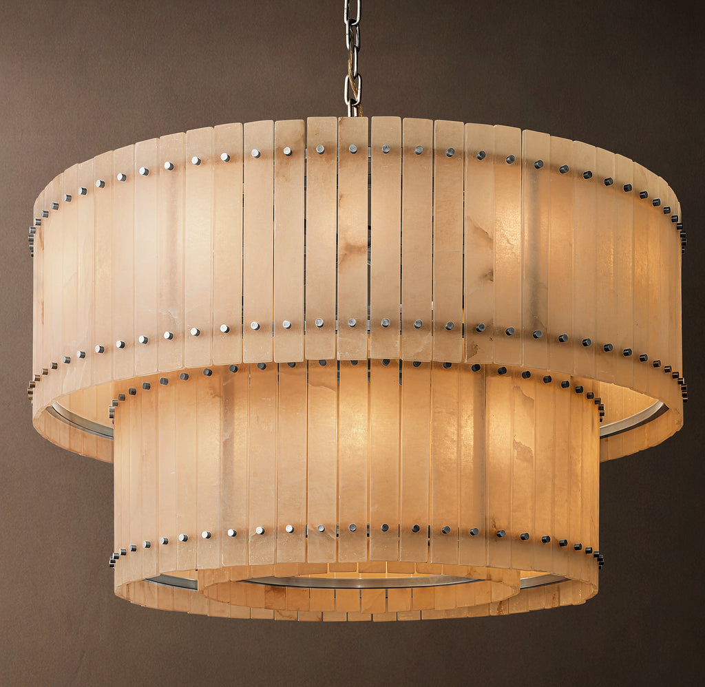 Sculptural San Marco Alabaster Two-Tier Round Chandelier – 48" Polished Nickel
