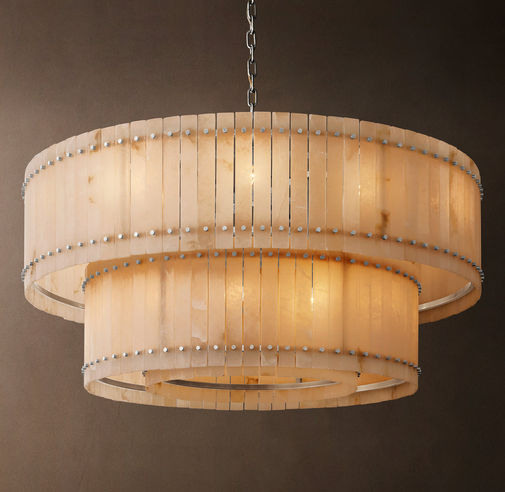 Sculptural San Marco Alabaster Two-Tier Round Chandelier – 60" Polished Nickel