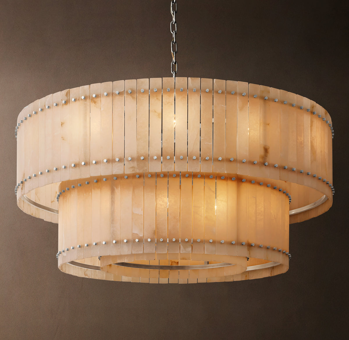 Sculptural San Marco Alabaster Two-Tier Round Chandelier – 60" Polished Nickel